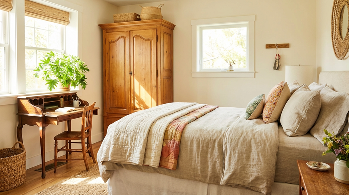 Ein freundlich eingerichtetes, helles Gästezimmer mit einem gemütlichen Bett, einem Holz-Kleiderschrank und einem kleinen Schreibtisch am Fenster. Eine grüne Zimmerpflanze steht auf dem Fensterbrett im Sonnenlicht.