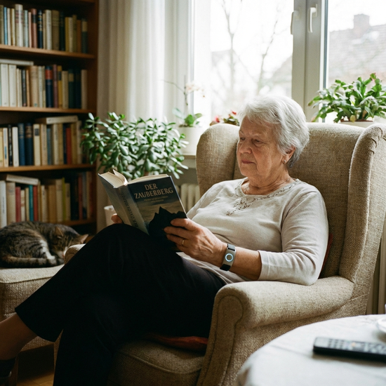 Ein moderner, unauffälliger Hausnotruf-Knopf am Handgelenk einer älteren Person, die entspannt ein Buch in einem Sessel liest. Ruhige und sichere häusliche Umgebung.