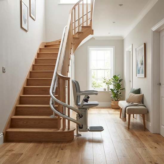 Ein komfortabler, moderner Treppenlift an einer Holztreppe in einem gepflegten Einfamilienhaus. Die Umgebung ist hell, aufgeräumt und einladend gestaltet.
