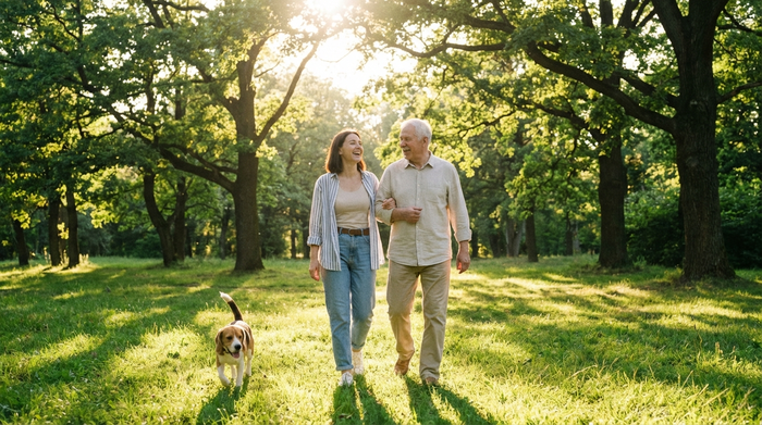 Eine erwachsene Tochter und ihr älterer Vater gehen entspannt in einem grünen Park spazieren. Die Sonne scheint durch die Blätter der Bäume, die Stimmung ist harmonisch und befreit von Alltagssorgen.