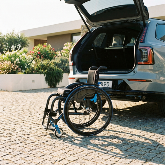 Ein moderner, leichter Rollstuhl steht zusammengeklappt neben dem geöffneten Kofferraum eines Autos auf einer sonnigen, gepflasterten Einfahrt.