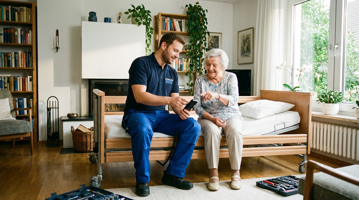 Ein freundlicher Techniker in professioneller Arbeitskleidung montiert ein Pflegebett in einem gemütlichen Wohnzimmer und zeigt einer älteren Person geduldig die Funktionen der Fernbedienung.