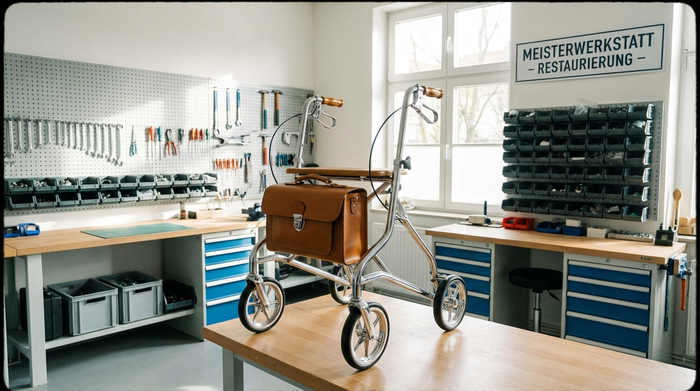 Ein glänzender, professionell aufbereiteter Rollator steht in einer sauberen, gut beleuchteten Werkstatt, umgeben von aufgeräumten Werkzeugbänken.