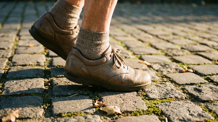 Eine Nahaufnahme der Füße eines älteren Menschen in bequemen, stützenden Halbschuhen auf einem gepflasterten Weg. Sanftes Sonnenlicht, Fokus auf das angenehme und sichere Auftreten. Keine sichtbaren Gesichter.