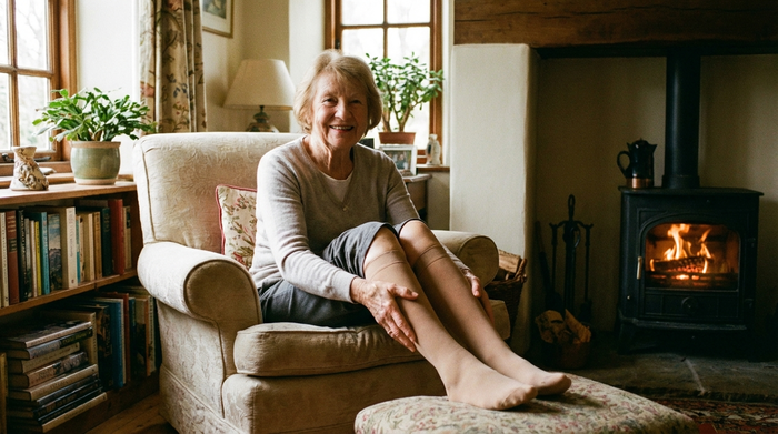 Eine vitale Seniorin sitzt entspannt auf einem bequemen Sessel in einem gemütlichen Wohnzimmer und streicht sanft über ihre Unterschenkel. Sie trägt unauffällige, hautfarbene Kompressionsstrümpfe. Warme, einladende Atmosphäre, helles Tageslicht.