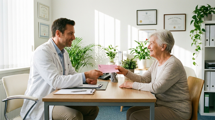 Ein freundlicher Arzt in einem hellen Sprechzimmer überreicht einer lächelnden älteren Patientin ein rosafarbenes Rezept. Beide sitzen an einem aufgeräumten Schreibtisch. Vertrauensvolle und professionelle medizinische Situation.