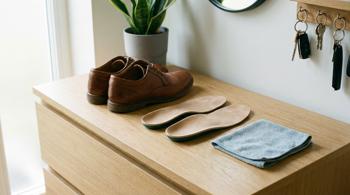 Saubere, orthopädische Einlagen liegen neben einem Paar bequemer Straßenschuhe auf einer hellen Holzkommode. Daneben liegt ein weiches, leicht feuchtes Reinigungstuch. Ordentliche, hygienische und alltägliche Szene im Flur.
