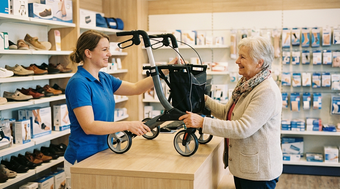 Eine freundliche Mitarbeiterin im Sanitätshaus überreicht einer lächelnden Seniorin ein medizinisches Hilfsmittel über einen hellen Verkaufstresen. Im Hintergrund unscharfe, aufgeräumte Regale mit Sanitätsartikeln. Realistisches, warmes Licht, keine Texte.
