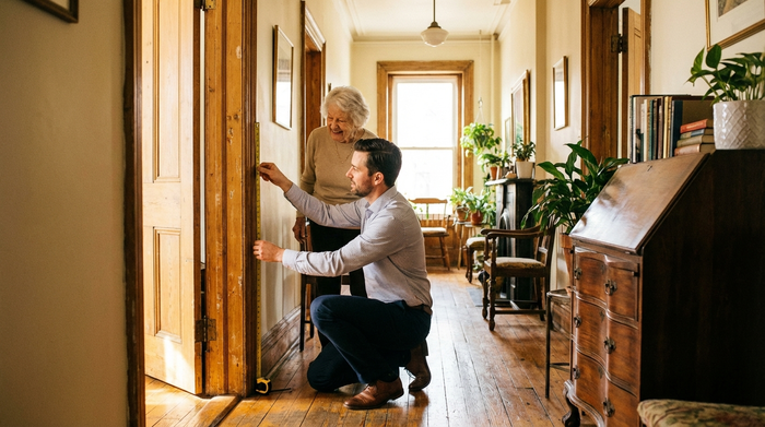Ein professioneller Berater im gepflegten Hemd misst mit einem Maßband die Türbreite in einem gemütlichen, gut beleuchteten Flur einer Altbauwohnung. Eine ältere Dame schaut interessiert zu. Helle, freundliche und realistische Szene ohne Schrift.