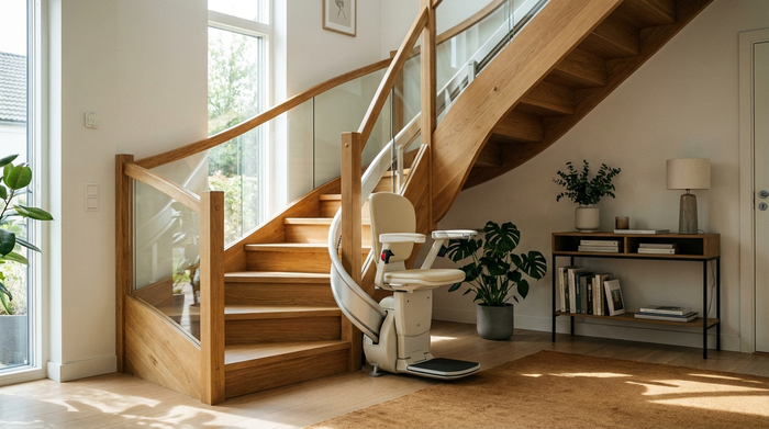 Ein moderner, sauberer Treppenlift an einer geschwungenen Holztreppe in einem gepflegten Einfamilienhaus. Helle Wände, einladende Atmosphäre, keine Personen im Bild, realistisches Interieur ohne Text.