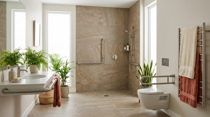 Ein modernes, helles und barrierefreies Badezimmer mit einer bodengleichen Dusche, eleganten Haltegriffen und rutschfesten Fliesen. Einladendes, sicheres Design mit warmen Handtüchern und Pflanzen, realistische Fotografie ohne Text.