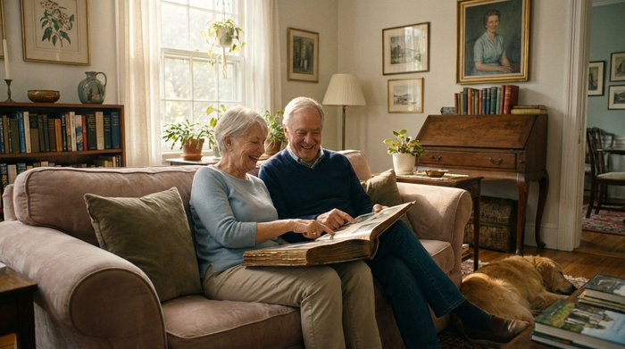 Ein älteres Ehepaar sitzt entspannt auf einem bequemen Sofa in einem aufgeräumten Wohnzimmer und schaut sich gemeinsam ein Fotoalbum an. Sanftes Sonnenlicht scheint durch das Fenster.