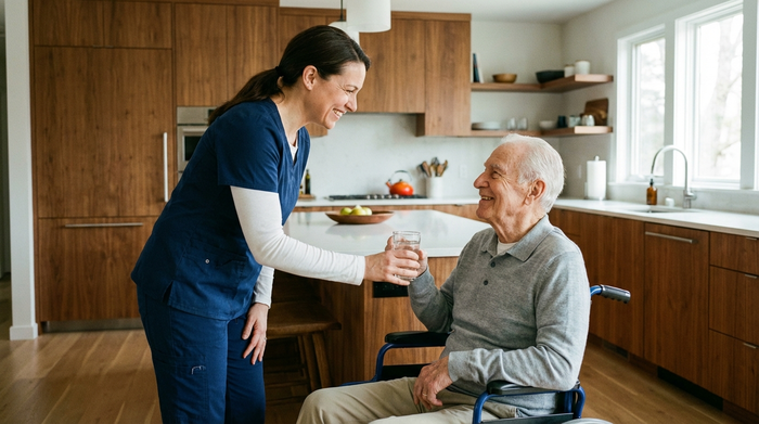 Eine einfühlsame Pflegekraft reicht einem älteren Herrn ein Glas Wasser. Beide lächeln sich an. Im Hintergrund ist eine moderne, saubere Küche zu sehen.