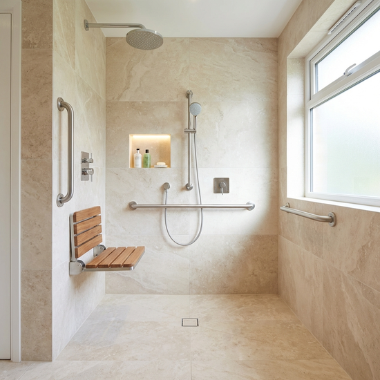 Eine moderne, helle, barrierefreie Dusche mit Haltegriffen und einem Duschsitz in einem elegant gefliesten Badezimmer. Keine Personen im Bild, saubere und sichere Umgebung.