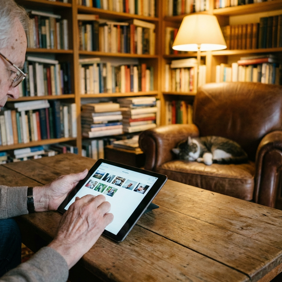 Ein auf dem Tisch liegendes modernes Tablet, das von den Händen eines Senioren bedient wird. Der Bildschirm leuchtet sanft, die Umgebung ist ein gemütliches Lesezimmer.