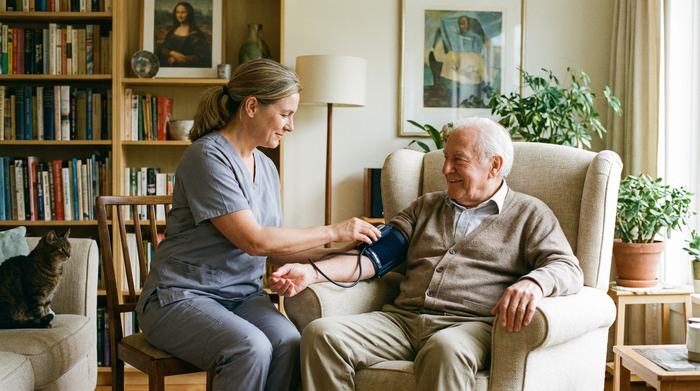 Eine fürsorgliche Pflegekraft misst sanft den Blutdruck eines älteren Herrn, der entspannt in seinem Sessel sitzt. Das Zimmer ist hell und wohnlich eingerichtet.