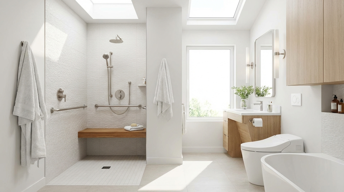 Ein modernes, helles und barrierefreies Badezimmer mit einer geräumigen, ebenerdigen Dusche, eleganten Haltegriffen und rutschfesten Fliesen. Ein flauschiges Handtuch hängt ordentlich an der Wand.