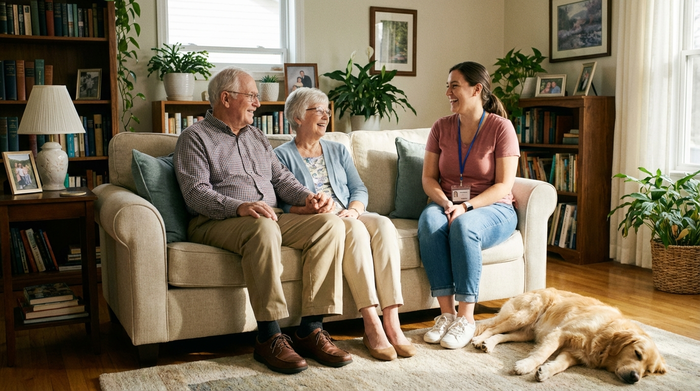 Eine sympathische Pflegedienstleiterin im Gespräch mit einem älteren Ehepaar auf dem Sofa. Alle drei lächeln und wirken entspannt und vertraut miteinander.