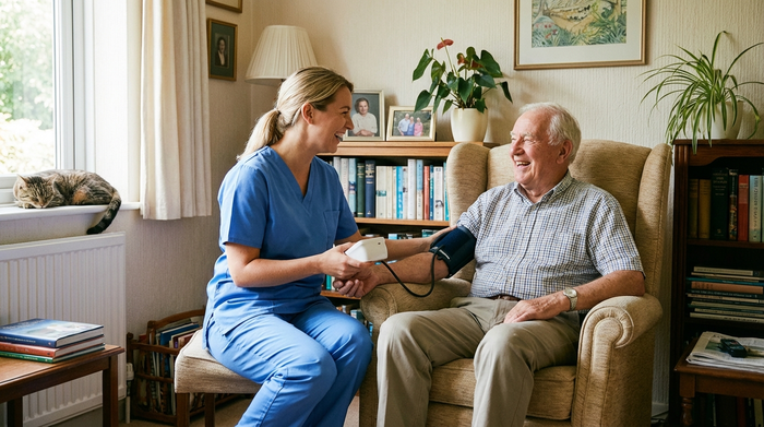 Eine professionelle Pflegekraft in sauberer, blauer Dienstkleidung misst den Blutdruck eines älteren Herrn in seinem Wohnzimmer. Beide wirken entspannt und vertraut, das Zimmer ist gut beleuchtet und gemütlich eingerichtet.