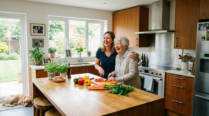 Eine herzliche Betreuungskraft und eine Seniorin bereiten gemeinsam in einer modernen Küche frisches Gemüse für das Mittagessen vor. Sie lachen zusammen, die Atmosphäre ist harmonisch und familiär.