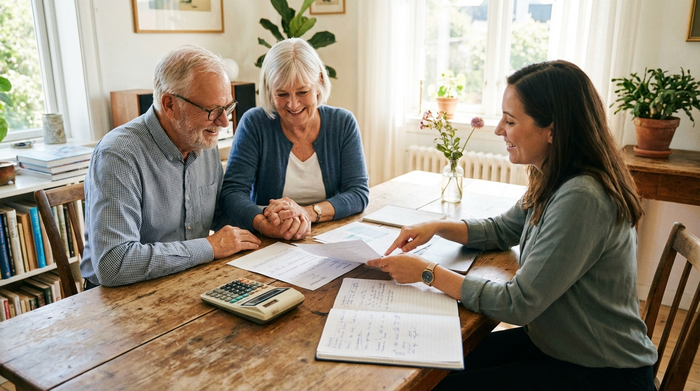 Ein älteres Ehepaar sitzt am Esstisch und schaut sich gemeinsam mit einer jüngeren Beraterin Dokumente an. Die Stimmung ist positiv und lösungsorientiert, auf dem Holztisch liegen ein Taschenrechner und Notizbücher.