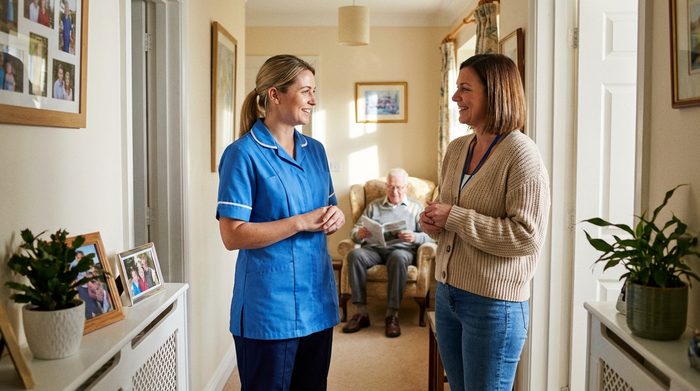 Eine freundliche Pflegekraft im Kittel und eine Alltagsbetreuerin in Alltagskleidung stehen im Flur eines Hauses und besprechen sich kurz mit einem Lächeln, während im Hintergrund ein Senior entspannt im Sessel liest.