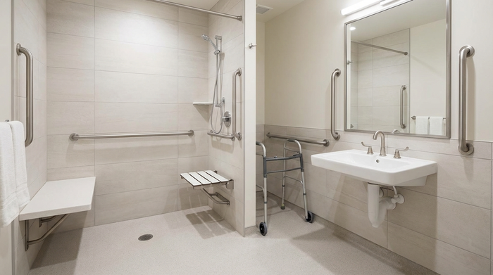 Ein modernes, barrierefreies Badezimmer mit einer bodengleichen Dusche, hellen Fliesen und stabilen Haltegriffen an der Wand. Der Raum wirkt sauber, sicher und altersgerecht.