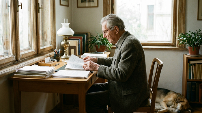 Ein älterer Herr mit grauem Haar sitzt an einem aufgeräumten Schreibtisch und sortiert mit ruhigem Ausdruck verschiedene Dokumente. Sanftes Tageslicht fällt durch das Fenster. Realistische, klare Umgebung, keine sichtbaren Schriften oder Diagramme.