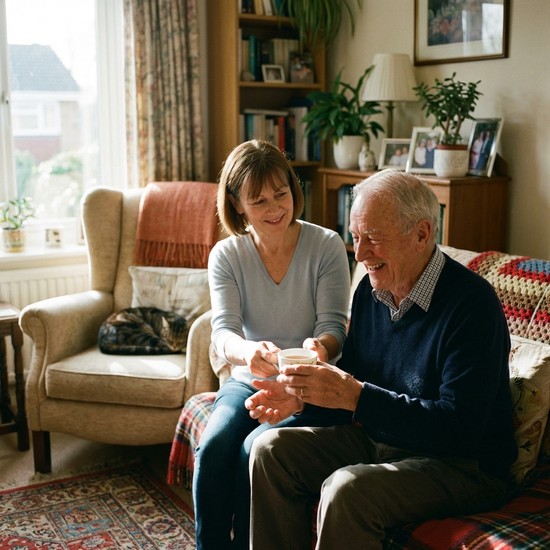 Eine liebevolle Pflegerin reicht einem lächelnden Senior eine Tasse Tee im heimischen, gemütlichen Wohnzimmer. Im Hintergrund ist ein bequemer Sessel zu sehen. Warme, vertrauensvolle Stimmung, fotorealistisch.