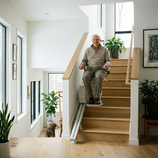 Ein moderner, unauffälliger Treppenlift an einer hellen Holztreppe in einem gepflegten Einfamilienhaus. Ein zufriedener älterer Mann fährt sicher hinauf. Realistische Beleuchtung, saubere Umgebung.