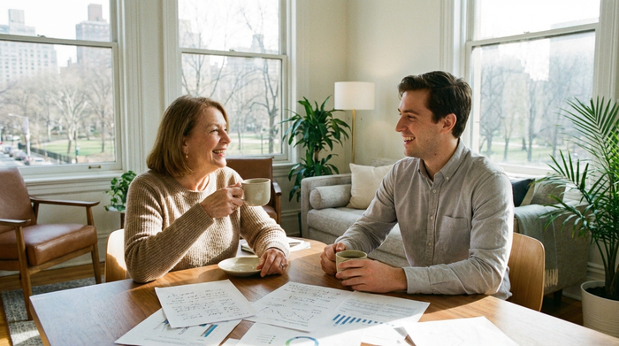 Eine ältere Frau und ein jüngerer Berater sitzen bei einer Tasse Kaffee zusammen und besprechen entspannt ein Anliegen. Helles Büro, freundliche Atmosphäre, keine lesbaren Texte auf den Papieren.