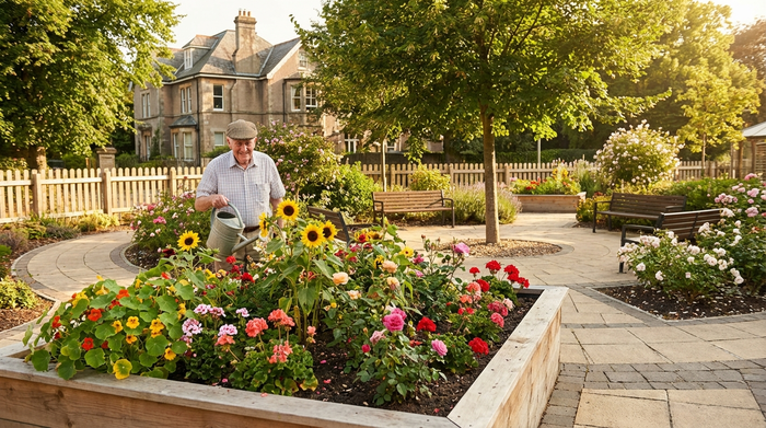 Ein sicherer, idyllischer Demenzgarten an einem sonnigen Nachmittag. Ein älterer Herr mit Schiebermütze gießt entspannt ein barrierefreies Hochbeet mit bunten Blumen. Gepflasterte, ebene Rundwege und schattenspendende Bäume im Hintergrund.