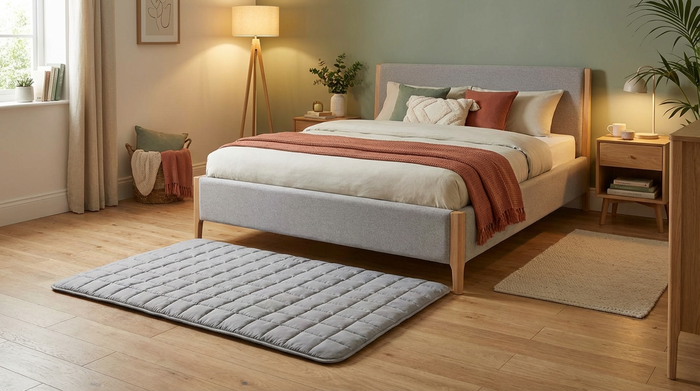 Ein modernes, sicheres Pflegebett, das fast bis zum hellen Holzfußboden abgesenkt ist. Eine dicke, weiche Sturzmatte liegt direkt davor. Gemütliches Schlafzimmer mit warmem Licht und beruhigenden Farben.