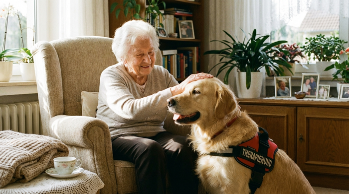 Eine fröhliche Szene der tiergestützten Therapie. Eine ältere Frau mit weißen Haaren streichelt behutsam einen ruhigen, freundlichen Golden Retriever in einem gemütlichen Sessel. Beide wirken entspannt und glücklich.