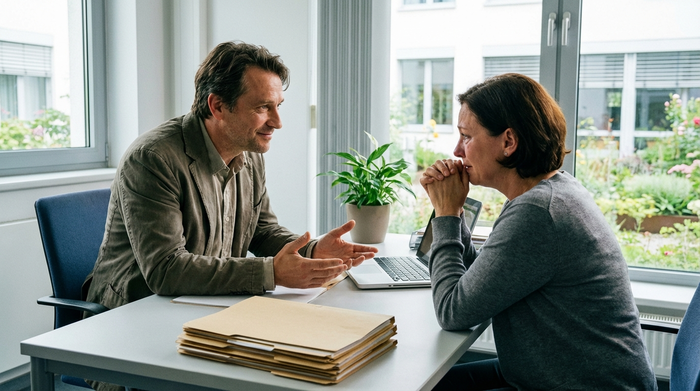 Ein freundlicher, professioneller Sozialarbeiter in einem hellen Krankenhausbüro spricht beruhigend mit einer besorgten Angehörigen. Auf dem Schreibtisch liegen ordentliche Akten, die Körpersprache ist empathisch und zugewandt.