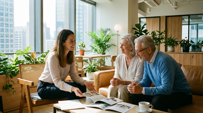 Eine sympathische Beraterin in einem modernen städtischen Büro erklärt einem älteren Ehepaar verschiedene Broschüren. Helle Büroumgebung mit grünen Pflanzen im Hintergrund, entspannte und vertrauensvolle Stimmung.
