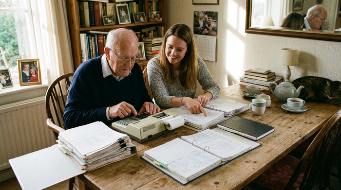 Ein älterer Herr sitzt mit seiner Tochter am Esstisch und tippt aufmerksam Zahlen in einen Taschenrechner. Neben ihnen liegen geordnete Papiere und Notizblöcke in einer konzentrierten, aber entspannten Atmosphäre.