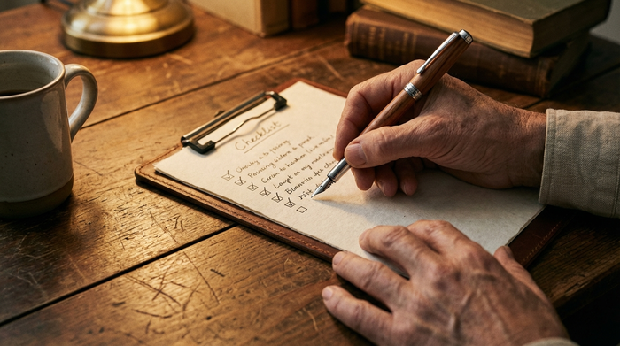 Eine detaillierte Nahaufnahme von Händen, die mit einem eleganten Kugelschreiber eine ordentliche Checkliste auf einem Klemmbrett abhaken. Ein rustikaler Holztisch und warme Beleuchtung runden das aufgeräumte Setting ab.