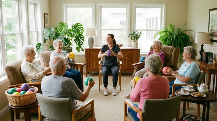 Eine Gruppe fröhlicher Senioren sitzt in einem hellen Gemeinschaftsraum im Kreis und macht leichte Sitzgymnastik mit bunten Bällen. Eine engagierte Betreuerin leitet die Gruppe an. Gemütliches, sauberes Ambiente mit Zimmerpflanzen.
