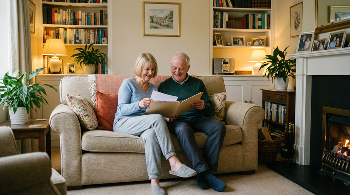Ein älteres Ehepaar sitzt entspannt auf einem bequemen Sofa im heimischen Wohnzimmer und schaut sich gemeinsam Dokumente in einer Mappe an. Sie wirken erleichtert und zufrieden. Warme Beleuchtung, aufgeräumtes und gemütliches Zimmer.