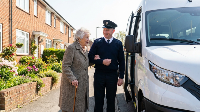 Eine gepflegte ältere Dame steigt mit Hilfe eines freundlichen Fahrers in einen modernen, weißen Kleinbus ein. Die Szene findet an einem sonnigen Vormittag vor einem typischen gepflegten Reihenhaus statt.
