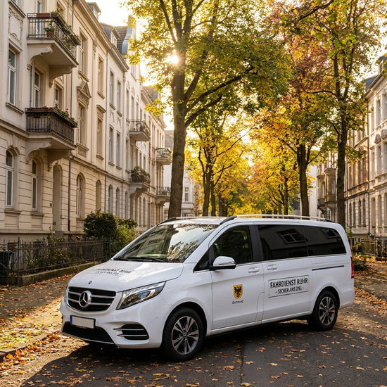 Ein moderner, weißer Kleinbus eines Fahrdienstes parkt sicher am Rand einer ruhigen Straße im Dortmunder Kreuzviertel. Herbstliches Sonnenlicht, klare Umgebung, keine störenden Autos im Weg.