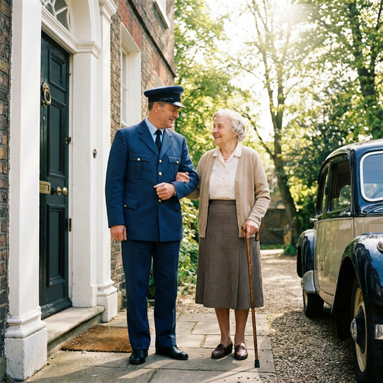 Ein empathischer Fahrer in blauer Dienstkleidung reicht einer älteren Dame höflich den Arm, während sie gemeinsam aus einer Haustür treten. Vertrauensvolle Atmosphäre, helles Tageslicht.