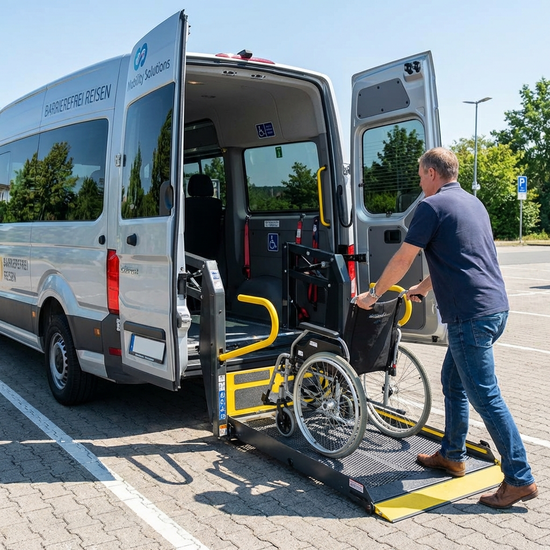 Ein spezieller Kleinbus mit ausgefahrener, hydraulischer Hebebühne am Heck. Ein Fahrer schiebt behutsam einen leeren Rollstuhl über die Rampe ins Innere des Fahrzeugs. Fokus auf Barrierefreiheit und Sicherheit.
