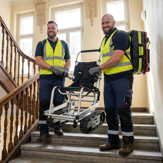 Zwei kräftige, freundliche Pfleger tragen einen leeren, modernen Tragestuhl ein helles, sauberes Treppenhaus hinab. Fokus auf professionelle Ausrüstung und sicheren Transport im Altbau.