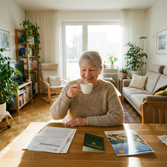 Eine glückliche, ältere Frau sitzt entspannt an einem Tisch, trinkt Kaffee und lächelt. Helles, gemütliches Wohnzimmer. Symbolisiert finanzielle Sorgenfreiheit und Entlastung durch die Pflegekasse.