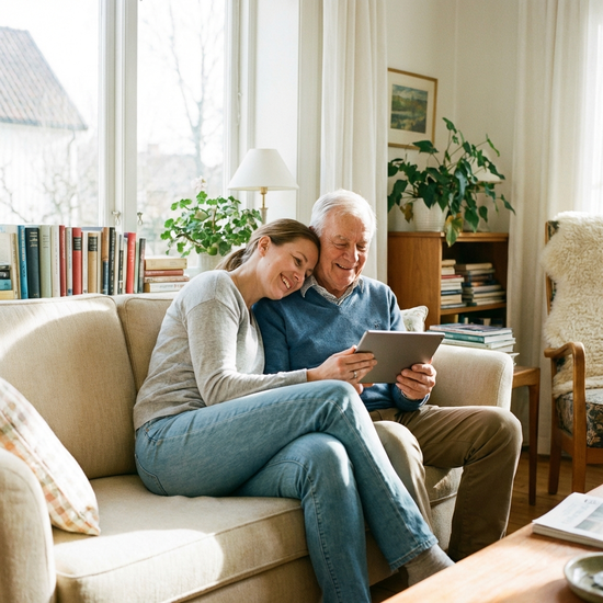 Ein älterer Herr und seine erwachsene Tochter sitzen gemeinsam auf einem Sofa und schauen zufrieden auf ein Tablet. Entspannte familiäre Stimmung, helles Licht.