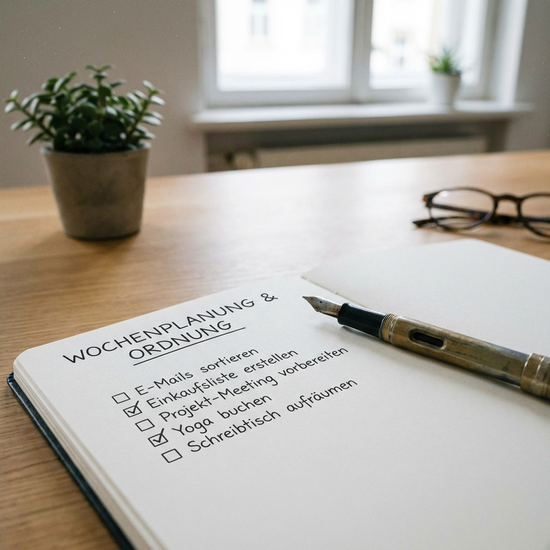 Eine Notizbuchseite mit einer ordentlichen Checkliste und einem Stift daneben auf einem sauberen Holztisch. Sanftes Licht, aufgeräumte Atmosphäre, symbolisiert Planung und Organisation.