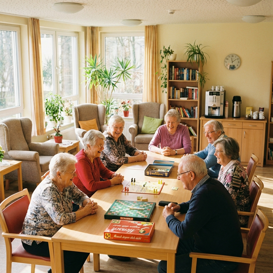 Eine Gruppe fröhlicher Senioren sitzt in einem hellen Gemeinschaftsraum einer Tagespflege an einem Tisch und spielt Brettspiele. Warme, einladende und gesellige Atmosphäre.