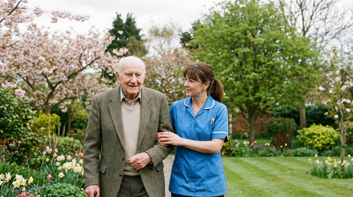 Ein älterer Herr mit leichtem Lächeln spaziert am Arm einer fürsorglichen Pflegekraft durch einen gepflegten Garten. Frühlingshaftes Wetter, grüne Bäume im Hintergrund. Ruhige und sichere Atmosphäre.